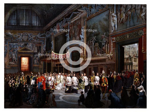 Pontifical ceremonies. Procession of the Blessed Sacrament to the Sistine Chapel. Color engraving…