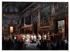 Pontifical ceremonies. Procession of the Blessed Sacrament to the Sistine Chapel. Color engraving…
