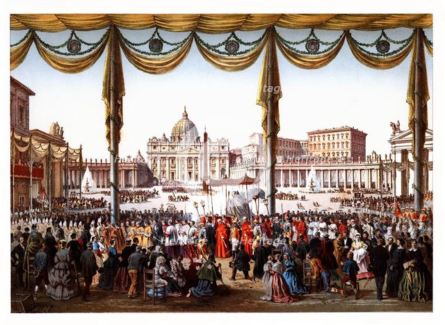 Pontifical ceremonies. Procession of the Holy Sacraments in Saint Peter's square. Color engraving…