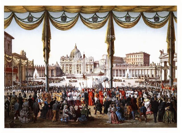 Pontifical ceremonies. Procession of the Holy Sacraments in Saint Peter's square. Color engraving…