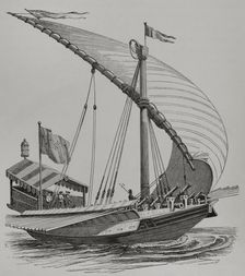 Pontifical galley equipped with large stays, sails, oars and heavy artillery, 1550 (1877. Creator: Unknown