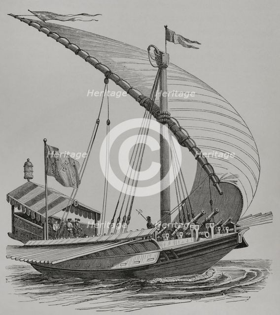 Pontifical galley equipped with large stays, sails, oars and heavy artillery, 1550 (1877.  Creator: Unknown.