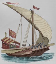 Pontifical galley equipped with large stays, sails, oars and heavy artillery, 1550, (1877). Creator: Unknown