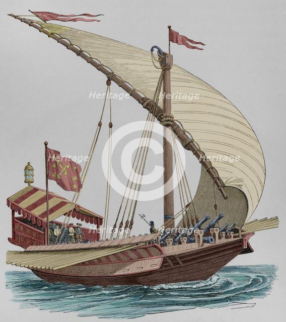 Pontifical galley equipped with large stays, sails, oars and heavy artillery, 1550, (1877).  Creator: Unknown.