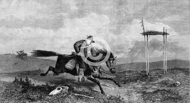 Pony Express rider crossing hostile country pursued by native Americans, 1861. Artist: Unknown