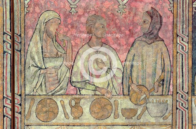 Poor and pilgrims standing behind a well laid table, hosted by Pia Almoina, fragment of the Wall …