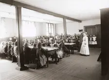 Poor children are served free meals in the refectory, Albano school, Landskrona, Sweden, 1906. Creator: Unknown