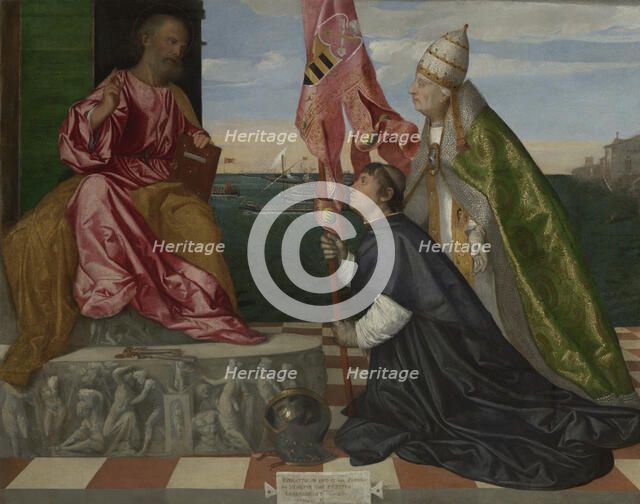 Pope Alexander VI Presenting Bishop Jacopo Pesaro to Saint Peter, 1503-1506. Creator: Titian.