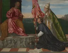 Pope Alexander VI Presenting Bishop Jacopo Pesaro to Saint Peter, 1503-1506. Creator: Titian