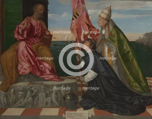Pope Alexander VI Presenting Bishop Jacopo Pesaro to Saint Peter, 1503-1506. Creator: Titian.