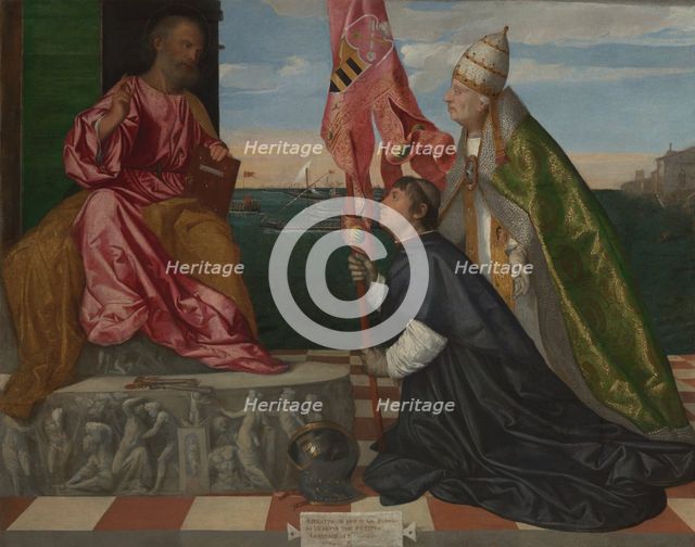 Pope Alexander VI Presenting Bishop Jacopo Pesaro to Saint Peter, 1503-1506. Creator: Titian.