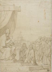 Pope Blessing Two Women in the Presence of Satyr and Assembled Women with Castel Sant Angelo..., n.d Creator: Unknown