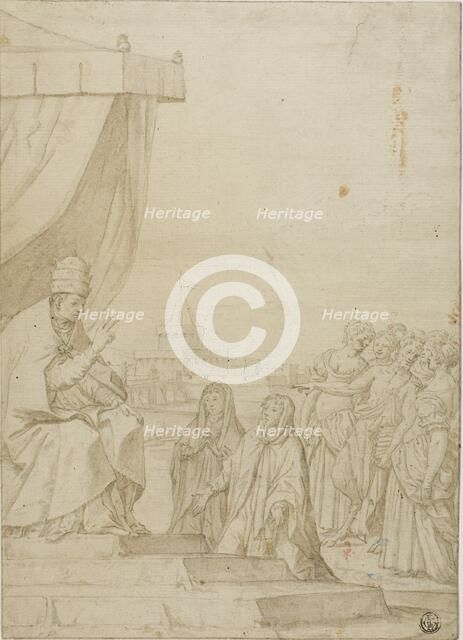 Pope Blessing Two Women in the Presence of Satyr and Assembled Women with Castel Sant Angelo..., n.d Creator: Unknown.