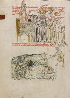 Pope Clement Entering Saint Hedwig's Name on the Register of Saints; Men Fishing in a Pond..., 1353. Creator: Unknown
