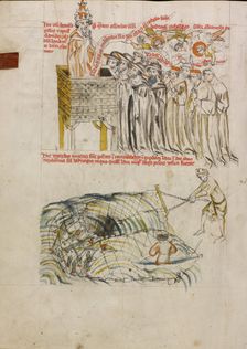 Pope Clement Entering Saint Hedwig's Name on the Register of Saints; Men Fishing in a Pond..., 1353. Creator: Unknown
