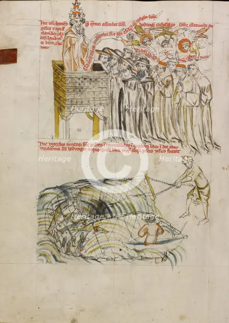 Pope Clement Entering Saint Hedwig's Name on the Register of Saints; Men Fishing in a Pond..., 1353. Creator: Unknown.
