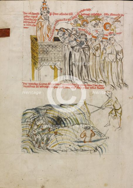 Pope Clement Entering Saint Hedwig's Name on the Register of Saints; Men Fishing in a Pond..., 1353. Creator: Unknown.