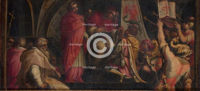 Pope Clement IV hands his insigna to the captains of the Guelph Party, 1563-1565. Artist: Vasari, Giorgio (1511-1574)