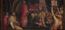 Pope Clement IV hands his insigna to the captains of the Guelph Party, 1563-1565. Artist: Vasari, Giorgio (1511-1574)