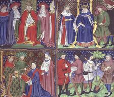 Pope enthroned, King of France enthroned, the Duc de Berry, a group of labourers, c1450. Creator: Unknown