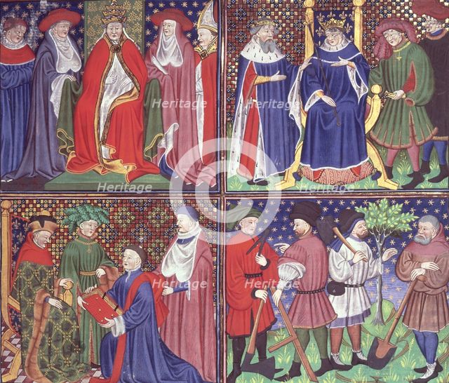 Pope enthroned, King of France enthroned, the Duc de Berry, a group of labourers, c1450. Creator: Unknown.