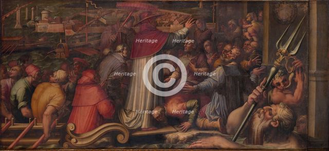 Pope Eugene IV disembarks at Leghorn to take refuge in Florence, 1563-1565. Artist: Vasari, Giorgio (1511-1574)