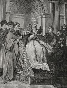 Pope Gregory IX, (1170-1241) receiving the Decretals compiled by Saint Raymond of Peñafort, 1877. Creator: Jules Jean Marie Joseph Huyot