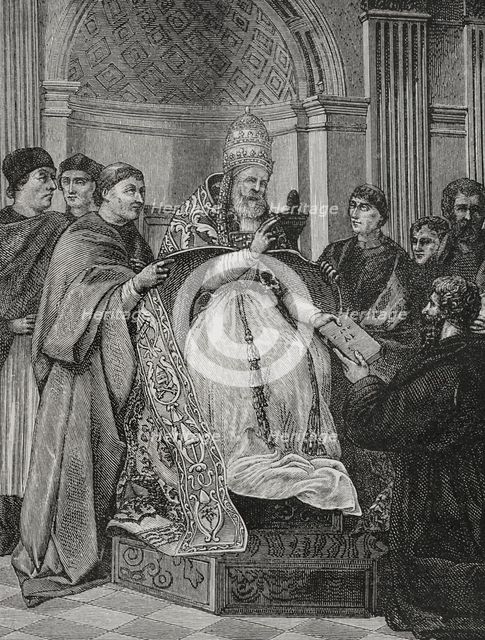 Pope Gregory IX, (1170-1241) receiving the Decretals compiled by Saint Raymond of Peñafort, 1877.  Creator: Jules Jean Marie Joseph Huyot.