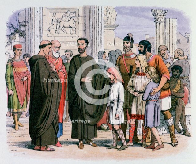 Pope Gregory in Rome seeing blonde slaves, 19th century. Artist: James William Edmund Doyle