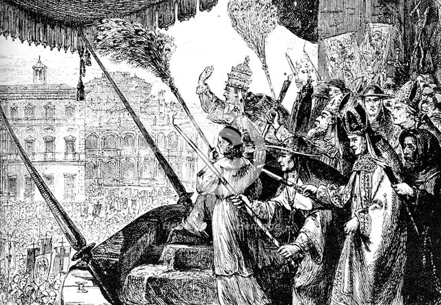 Pope Leo X excommunicating Martin Luther as a heretic, Rome, 1521 (1909). Artist: Unknown