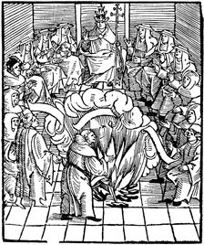 Pope Leo X supervising the burning of Martin Luthor's books, 1521