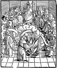 Pope Leo X supervising the burning of Martin Luthor's books, 1521