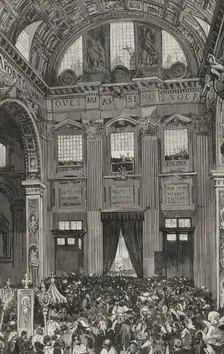 Pope Leo XIII giving his first blessing to the faithful from the inner balcony...1878. Creator: Bernardo Rico