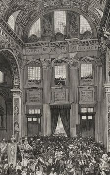 Pope Leo XIII giving his first blessing to the faithful from the inner balcony...1878. Creator: Bernardo Rico