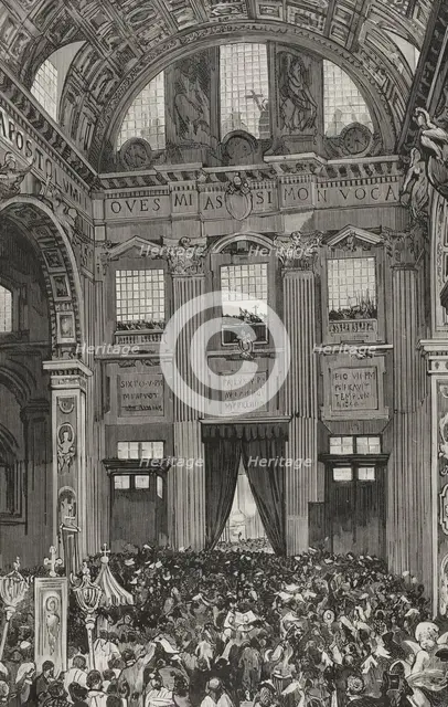 Pope Leo XIII giving his first blessing to the faithful from the inner balcony...1878. Creator: Bernardo Rico.