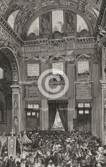 Pope Leo XIII giving his first blessing to the faithful from the inner balcony...1878. Creator: Bernardo Rico.
