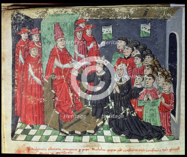 Pope Nicholas V (1444 - 1455), accompanied by six cardinals gives to kings Alphonse IV the Magnan…