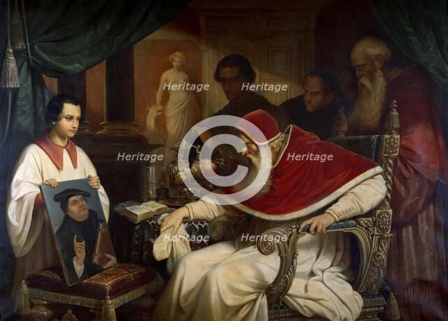 Pope Paul III (1468-1549) viewing Cranach's Portrait of Luther, 1838-1839. Creator: Schorn, Karl (1800-1850).