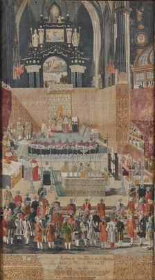 Pope Pius VI celebrates the Easter Holy Mass in St. Stephen's Cathedral in Vienna..., 1782, 1788. Creator: Anonymous