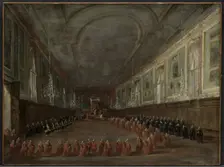 Pope Pius VI Descending the Throne to Take Leave of the Doge in the Hall..., c. 1783. Creator: Francesco Guardi (Italian, 1712-1793)