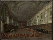 Pope Pius VI Descending the Throne to Take Leave of the Doge in the Hall..., c. 1783. Creator: Francesco Guardi (Italian, 1712-1793)