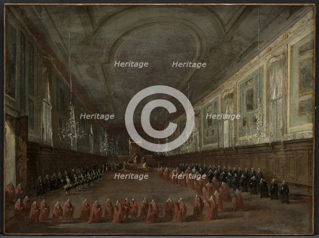 Pope Pius VI Descending the Throne to Take Leave of the Doge in the Hall..., c. 1783. Creator: Francesco Guardi (Italian, 1712-1793).