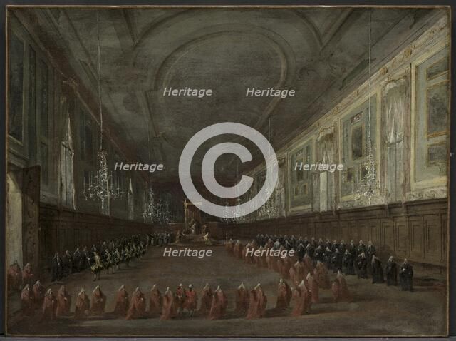 Pope Pius VI Descending the Throne to Take Leave of the Doge in the Hall..., c. 1783. Creator: Francesco Guardi (Italian, 1712-1793).