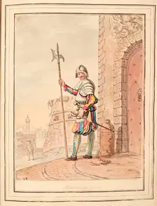 Pope's Swiss Guard, leaf from A Collection of Dresses by David Allan Mostly from Nature 1776. Creator: David Allan