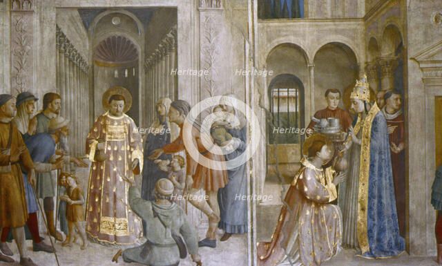 Pope Sixtus II gives church treasure to St Laurence, mid 15th century.  Artist: Fra Angelico