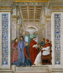 Pope Sixtus IV Appoints Bartolomeo Platina as Prefect of the Vatican Library, ca 1478. Creator: Melozzo da Forli (1438-1494)
