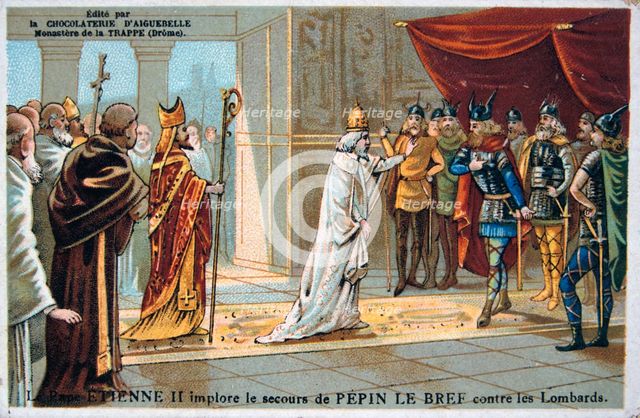 Pope Stephen II pleads for the safety of Pepin the Short from the Lombards, c750 AD, (19th century). Artist: Unknown