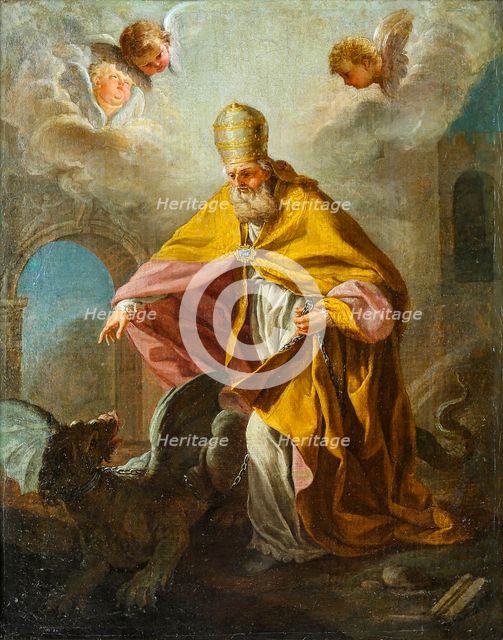 Pope Sylvester I slaying a dragon, 18th century.