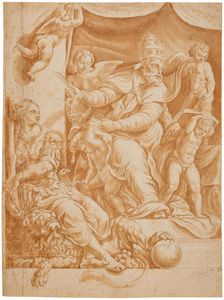 Pope Sylvester with surrounding putti and Allegory of Fortitude. Creator: Romano, Giulio, (after)