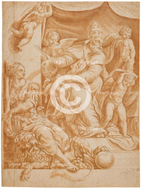 Pope Sylvester with surrounding putti and Allegory of Fortitude. Creator: Romano, Giulio, (after)  .